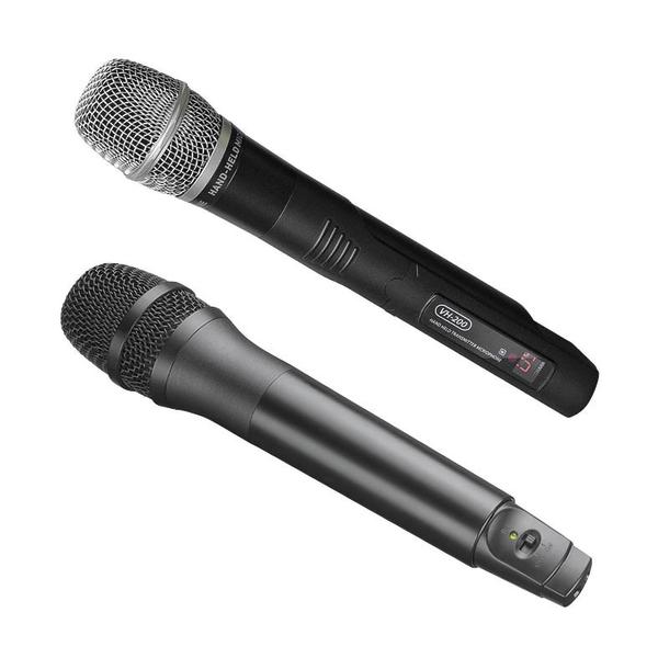 Drahtloses Handmikrofon mit Metallgitter und LCD-Display, schwarz. Kabelloses Mikrofon mit schwarzem Metallgehäuse und Ein-/Ausschalter