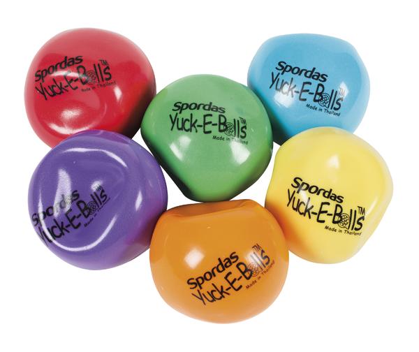 Bunte Spordas Yuck-E-Balls Stressbälle in sechs verschiedenen Farben auf weißem Hintergrund.