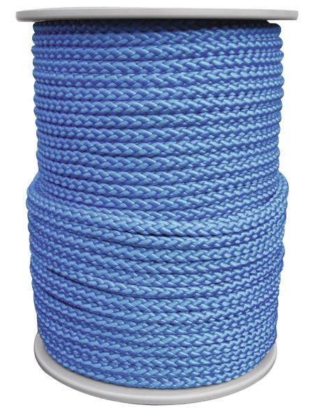 Blaues geflochtenes Seil auf weißer Spule, robust und vielseitig für Outdoor und Industrie.