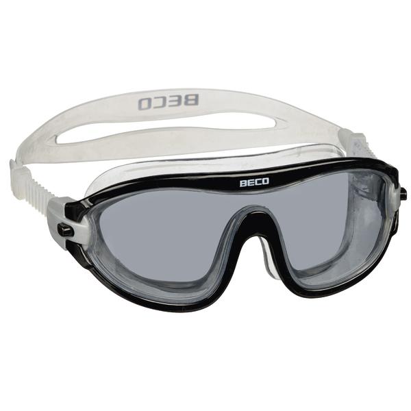 Schwarze und weiße Schwimmbrille mit verstellbarem Silikonband und getönten Gläsern.