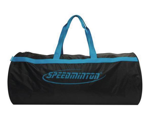 Schwarze Sporttasche mit blauem Griff und Speedminton-Logo, ideal für Badminton-Equipment.