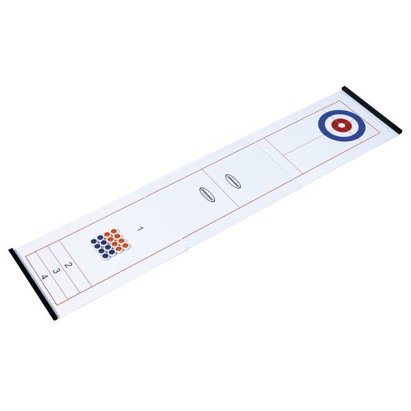 Spielmatte für ein Curling- oder Shuffleboard-Spiel mit Zielscheibe und Markierungen.