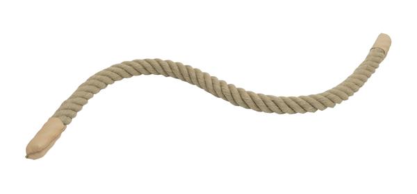 Natürliches Kletterseil aus Hanf mit Lederenden, isoliert auf weißem Hintergrund.