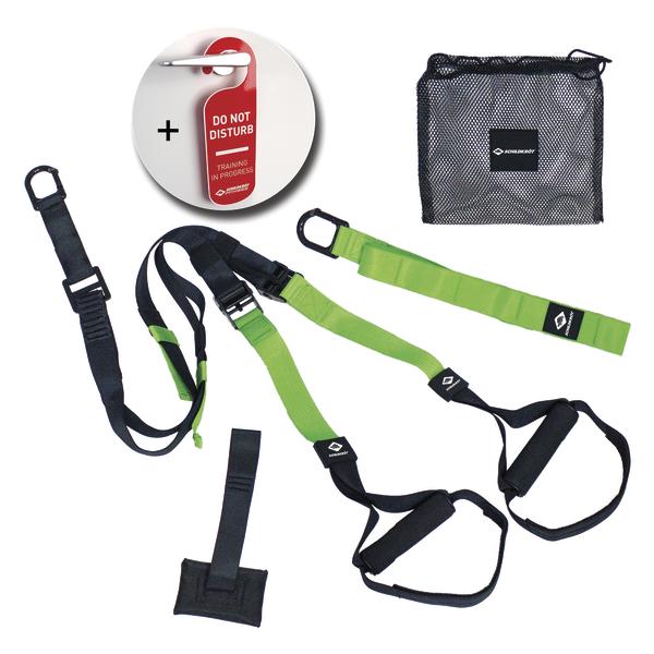 Türbefestigtes Suspension Trainer Fitnessband mit Türschild und Tragetasche, grün-schwarz.