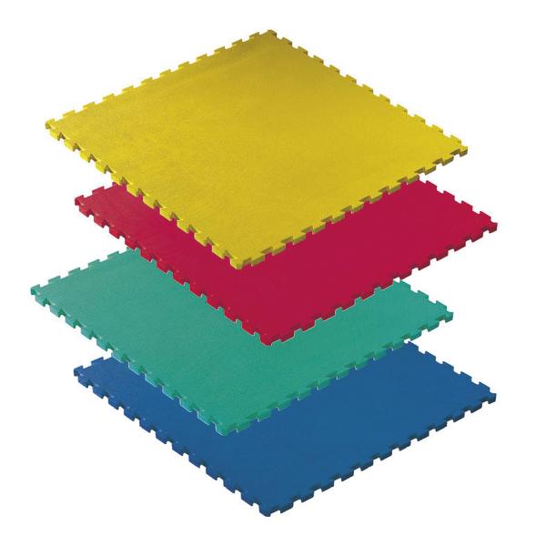 Bunte Schaumstoff-Puzzlematten in Gelb, Rot, Grün und Blau, stapelbar und rutschfest.