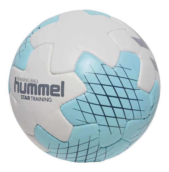 Weiß-blauer Hummel Handball mit marineblauem Streifenmuster, ideal für Handballspiele und Training.