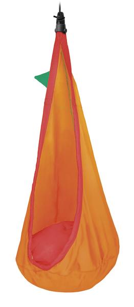 Hängesitz in leuchtendem Orange mit rotem Rand und grünem Detail, für Kinder geeignet.