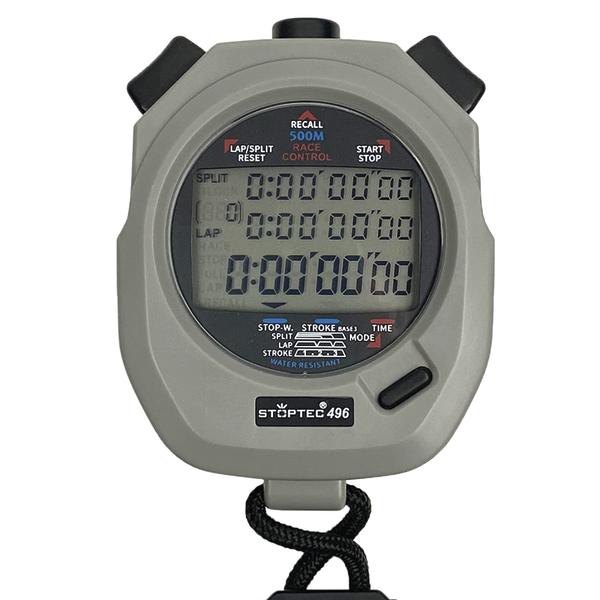 Digitale Stoppuhr Stoptec 496 mit LCD-Display und Speicherfunktion vor weißem Hintergrund.