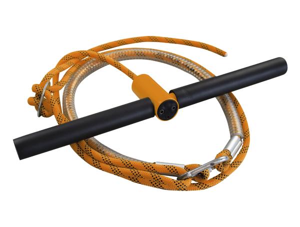 Orange Springseil mit schwarzen Griffen und Metallkarabiner für Fitness und Training.
