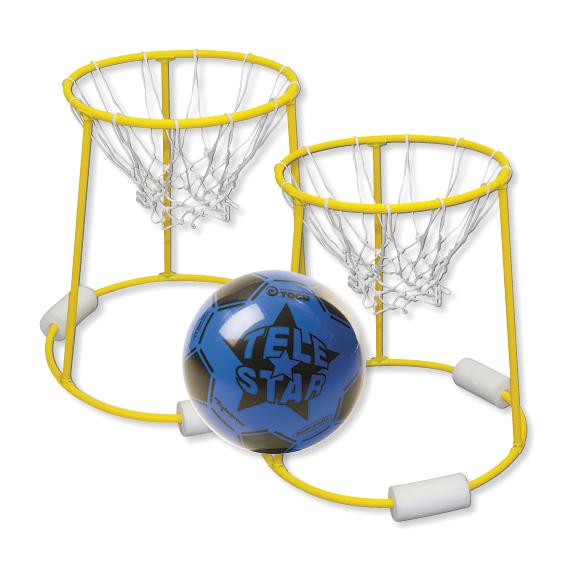 Gelbes Mini-Basketballkorb-Set mit blau-schwarzem Ball für Indoor- und Outdoor-Spiele.