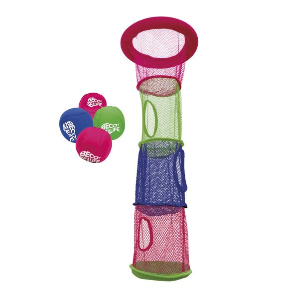Buntes Wurfspiel mit drei übereinander hängenden Netzen und vier farbigen Bällen.