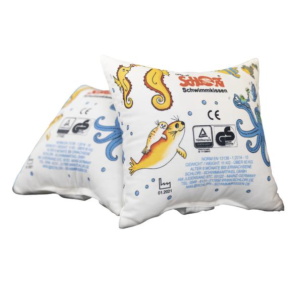 Schwimmkissen mit bunten Meeresmotiven für Kinder, sicher und geprüft, weißer Hintergrund.