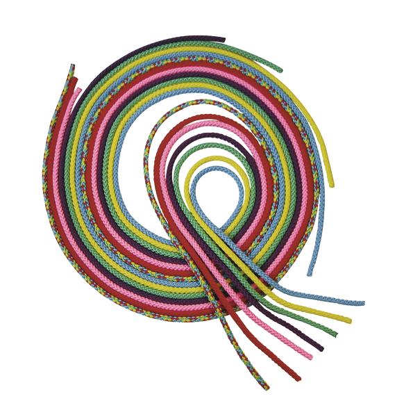 Bunte, geflochtene Gymnastikseile in verschiedenen Farben, spiralförmig angeordnet.