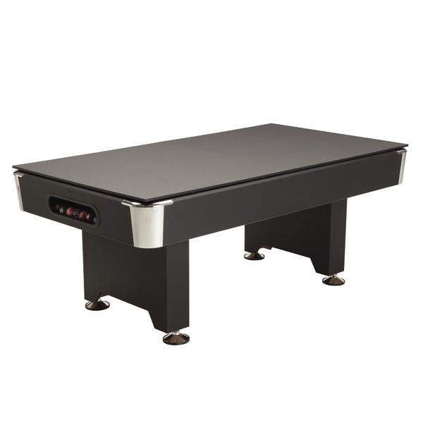 Schwarzer Billardtisch mit Abdeckplatte und sichtbarem Ballrücklauf auf weißem Hintergrund.