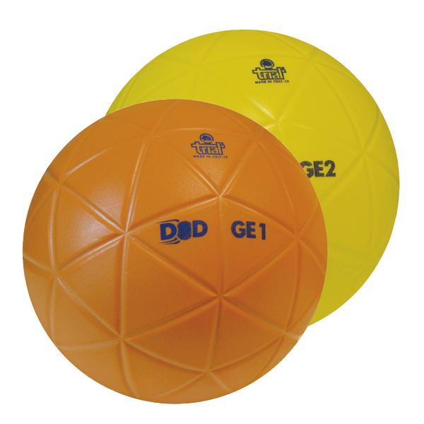 Orange und gelbe Trainingsbälle mit geometrischem Muster, Marke DOD, für Fitness und Sport.