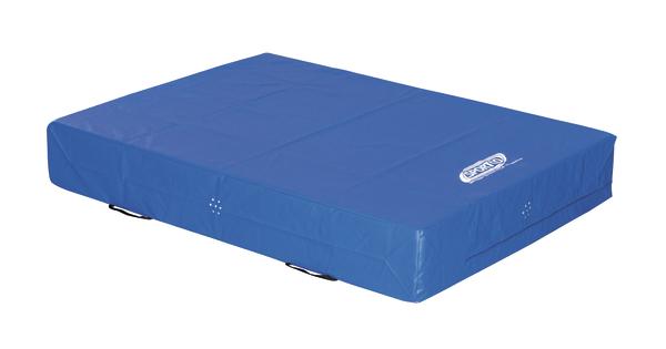 Blaues Weichbodenmatte mit Griffen, ideal für Turnen und Gymnastikübungen.