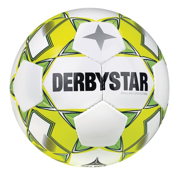 Weiß-gelber Derbystar Futsal Fußball mit Stern-Design und Markenlogo.