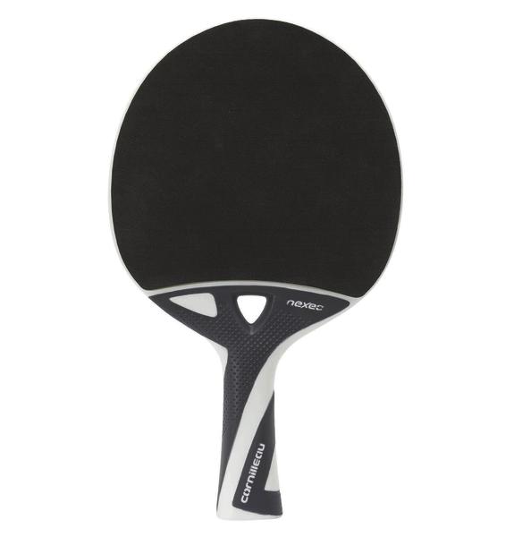 Tischtennisschläger mit schwarzer Schlagfläche und ergonomischem Griff, Marke Cornilleau.