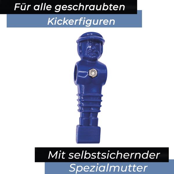 Blaue Kickerfigur mit Schraubbefestigung für geschraubte Spielfiguren und Spezialmutter.