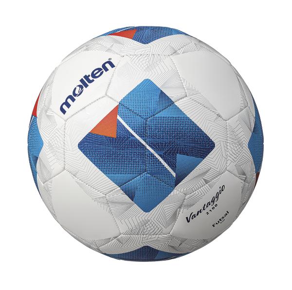 Weißer Molten Fußball mit blau-rotem Muster und Schriftzug "Vantaggio 210" auf weißem Hintergrund.