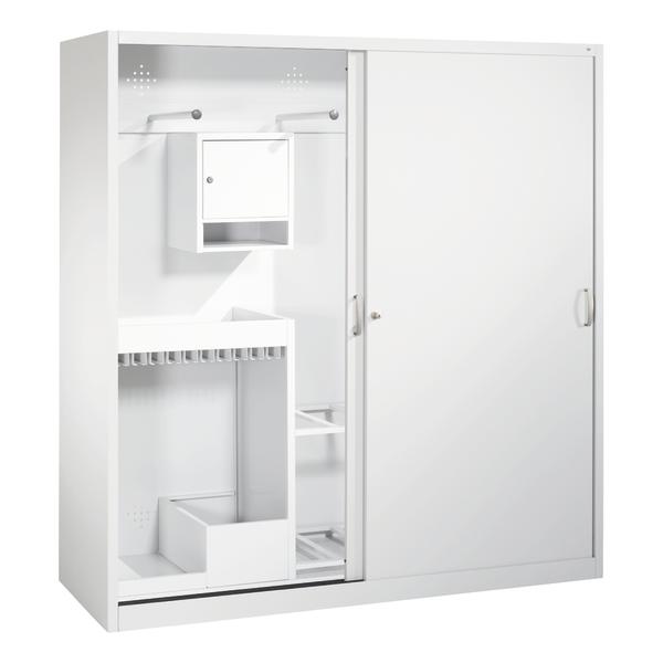 Weißer Metall-Werkzeugschrank mit Schiebetür, Haken und Ablagefächern für Werkstatt.