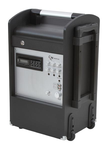 Mobiler Lautsprecher mit Radio, Reglern und Tragegriff auf Rollen, schwarz-grau.