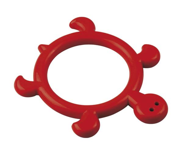 Roter Kunststoff-Topfuntersetzer in Schildkrötenform, hitzebeständig und rutschfest.