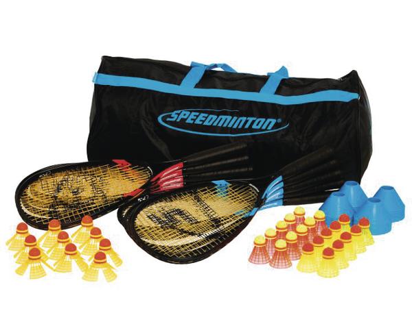 Speedminton Set mit Schlägern, Bällen, Markierkegeln und Tragetasche für Outdoor-Sport.