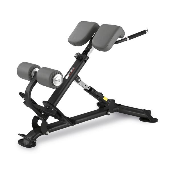 Verstellbare Hyperextensionsbank für Rücken- und Bauchmuskeltraining, schwarz und grau.