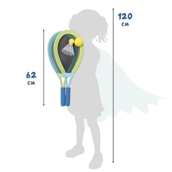 Zwei Schläger mit Ball und Federball sowie Maßangabe 62 cm neben Kindersilhouette zum Größenvergleich.
