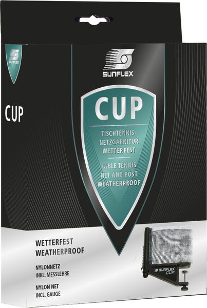 Wetterfestes Tischtennisnetz Sunflex CUP aus Nylon mit Messlehre, Netz und Pfosten.