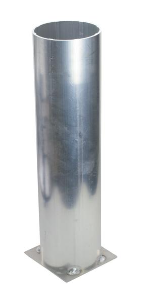 Verzinkte Bodenhülse mit Bodenplatte für Befestigung, silber glänzend.