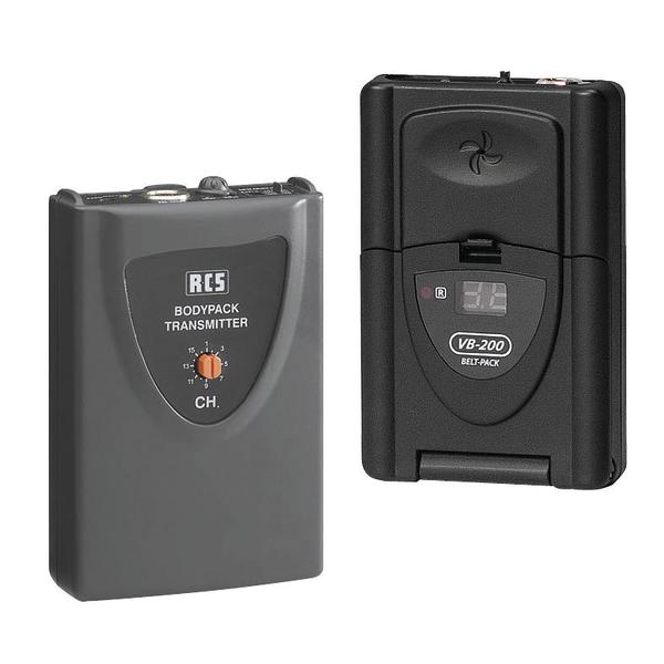 Zwei drahtlose Bodypack-Funkgeräte für Audioübertragung, schwarz und grau, vor weißem Hintergrund.