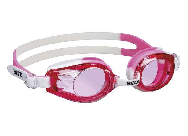 Schwimmbrille in Pink und Weiß mit verstellbarem Silikonband, klaren Gläsern, Marke BECO.