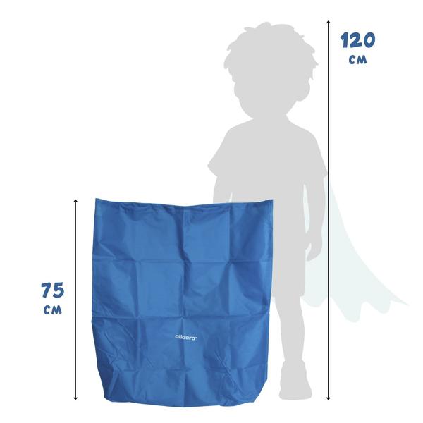 Blauer Hüpfsack mit Größenangabe im Vergleich zu einer Kinder-Silhouette.