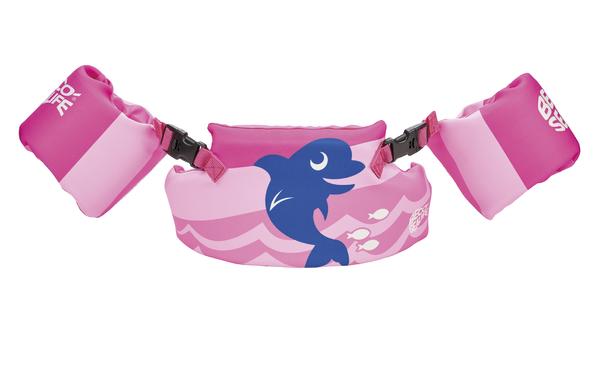 Kinder-Schwimmhilfe in Pink mit Delfin-Motiv und Armflügeln für sicheres Schwimmen.