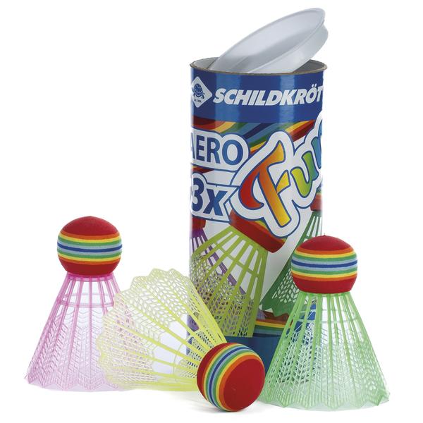 Bunte Federbälle mit Regenbogenkopf neben einer Aufbewahrungsdose von Schildkröt.