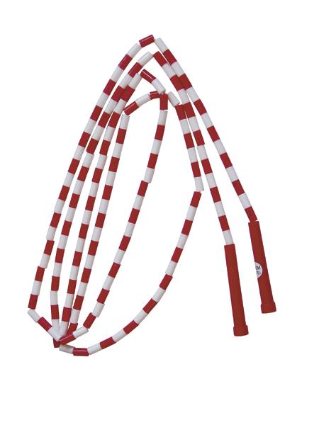 Springseil mit rot-weißen Segmenten und roten Griffen, Fitness- und Spielgerät.