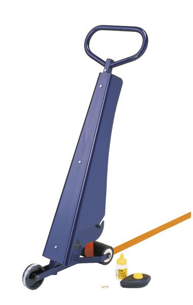 Blauer Bodenmarkierungsgerät mit Rollen und Zubehör für präzises Linienziehen.