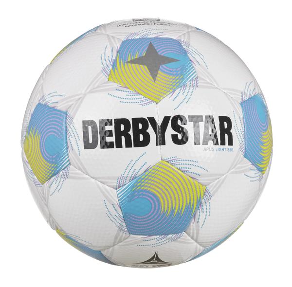 Weißer Derbystar-Fußball mit bunten grafischen Mustern in Blau, Grün und Gelb.