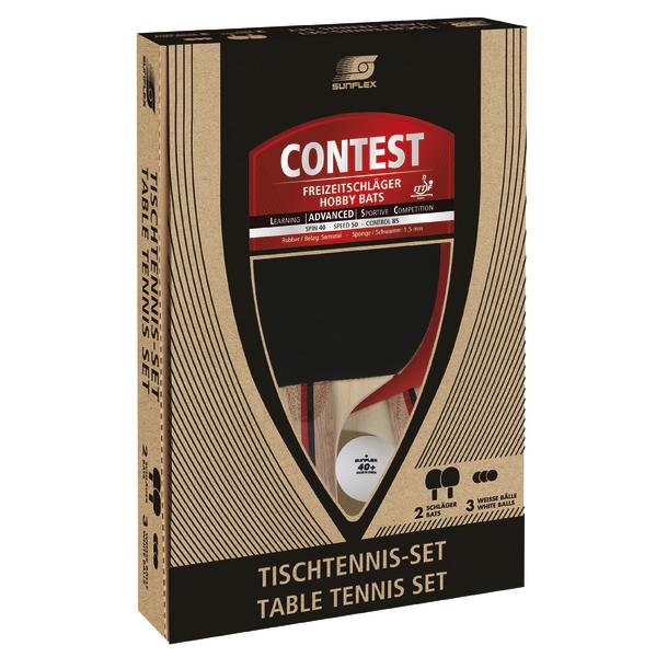 Tischtennis-Set mit 2 Schlägern und 3 weißen Bällen von Sunflex, Modell Contest.