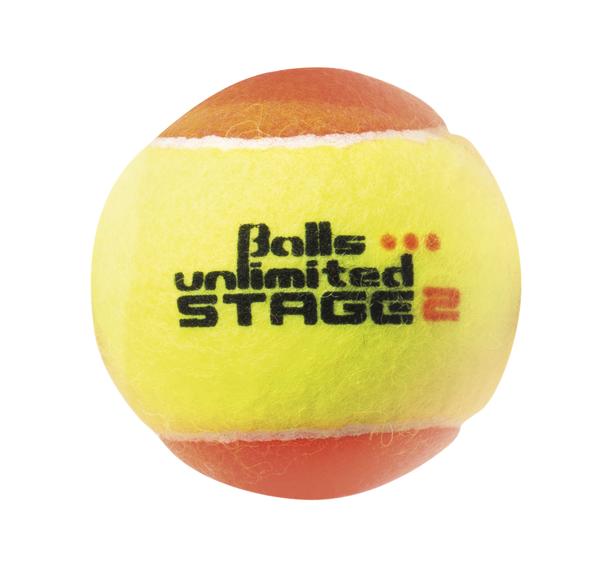 Tennisball mit orangen Enden und Aufschrift "Balls unlimited STAGE 2" auf weißem Hintergrund.