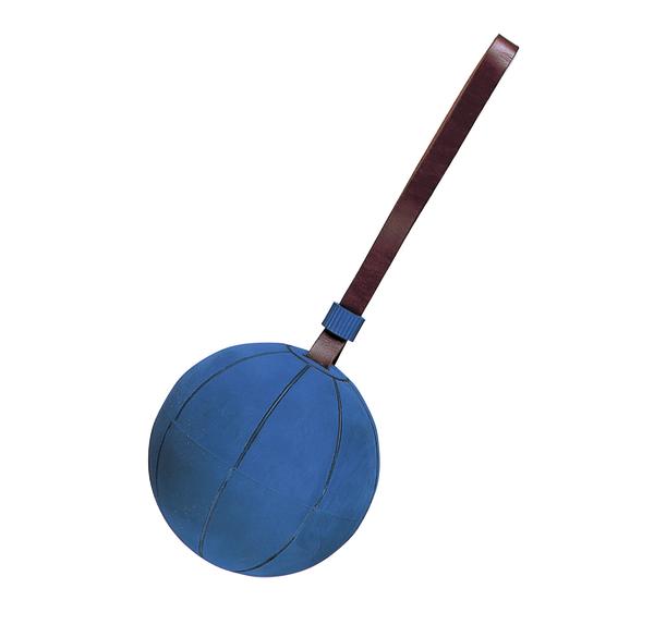 Blauer Gummiball mit braunem Lederriemen zum Werfen und Fangen, Spielzeug für Hunde.