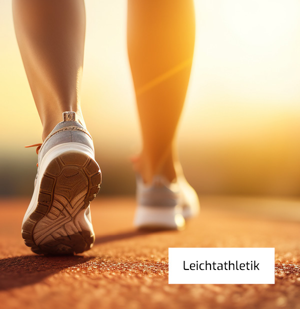 Nahaufnahme der Füße einer Person in Laufschuhen, die auf einer roten Tartanbahn im Licht des Sonnenuntergangs läuft. Rechts unten im Bild steht in einem weißen Feld "Leichtathletik".