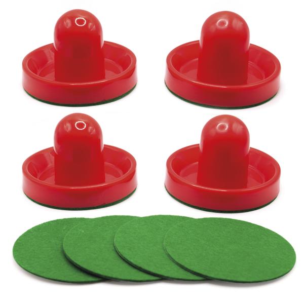4er Set Bandito Airhockey Pusher mit roten Griffen und grünen Filzgleitern.