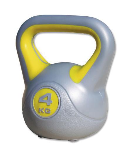 Kettlebell 4 kg grau und gelb für Krafttraining und Fitnessübungen.