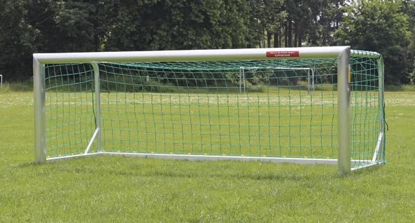 Kleines Fußballtor mit grünem Netz auf Rasenplatz vor Bäumen, ideal für Kinderfußball.