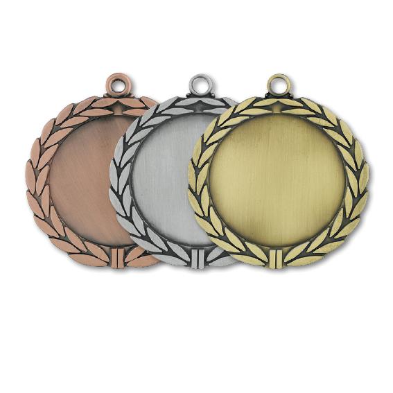 Drei leere Medaillen in Gold, Silber und Bronze mit Lorbeerkranz-Rahmen.