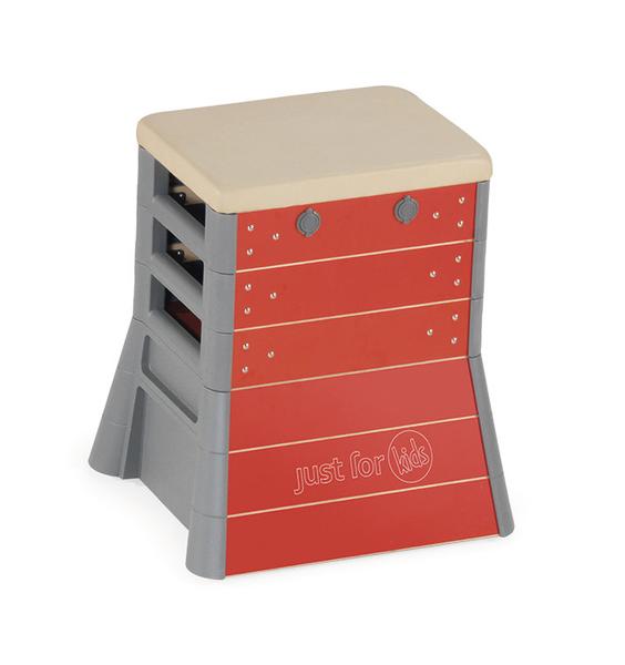 Bunter Turnkasten für Kinder mit rotem Korpus und beige gepolstertem Deckel, Marke "just for kids".
