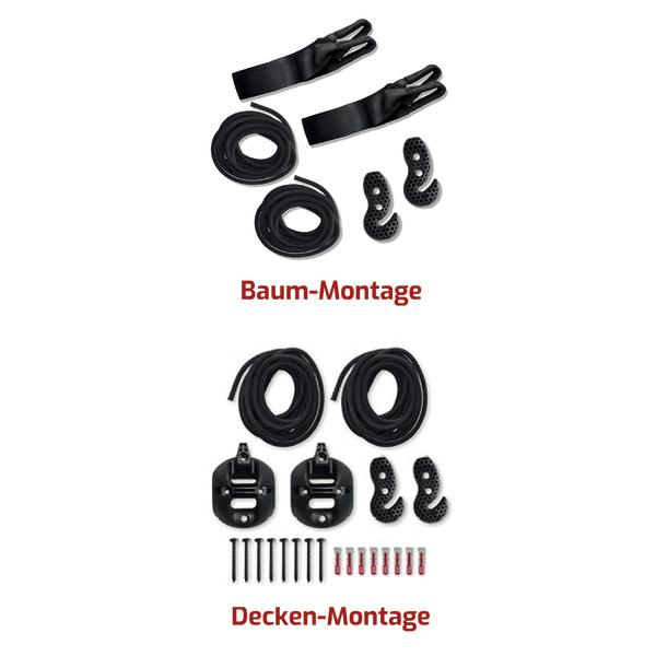 Befestigungsset Hängematte mit Haken, Schrauben und Seilen.
Montageset für Baum- und Deckenbefestigung mit Gurten, Seilen, Haken und Schrauben in Schwarz.